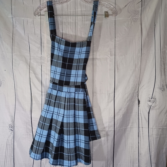 Love Tree Blue and Black Plaid 90’s grunge Bib Dress - Picture 1 of 12